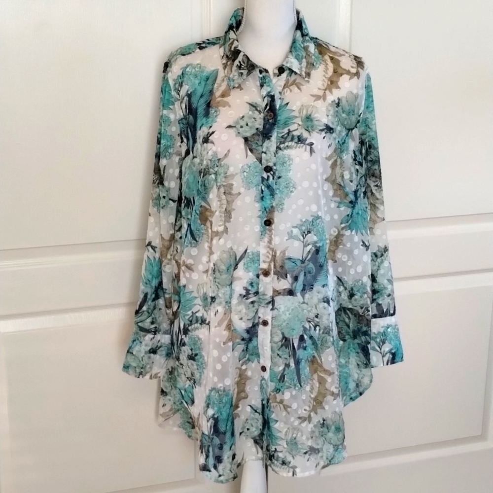 Multiples women's size 1X green navy swiss dot sheer long sleeve button down